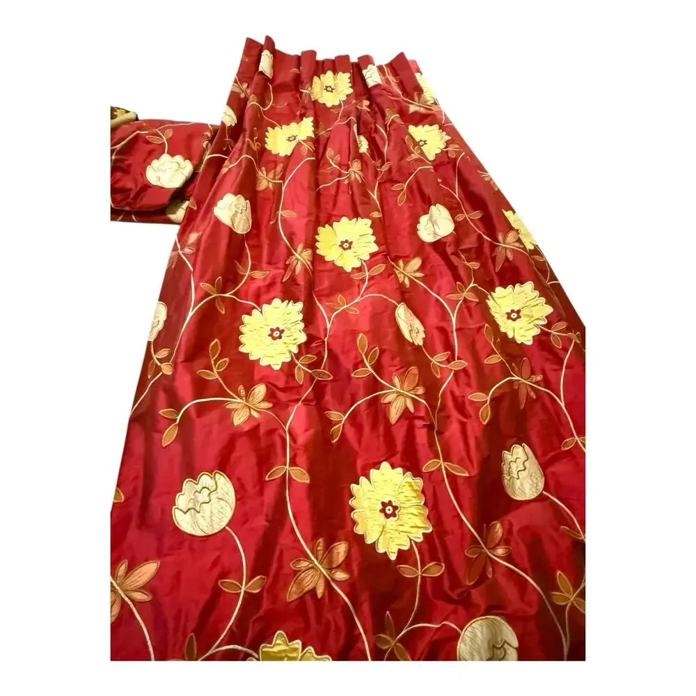 2 -Silk Taffeta Embroidered Floral Red Yellow Lined Drapery Curtain Panels 24x98